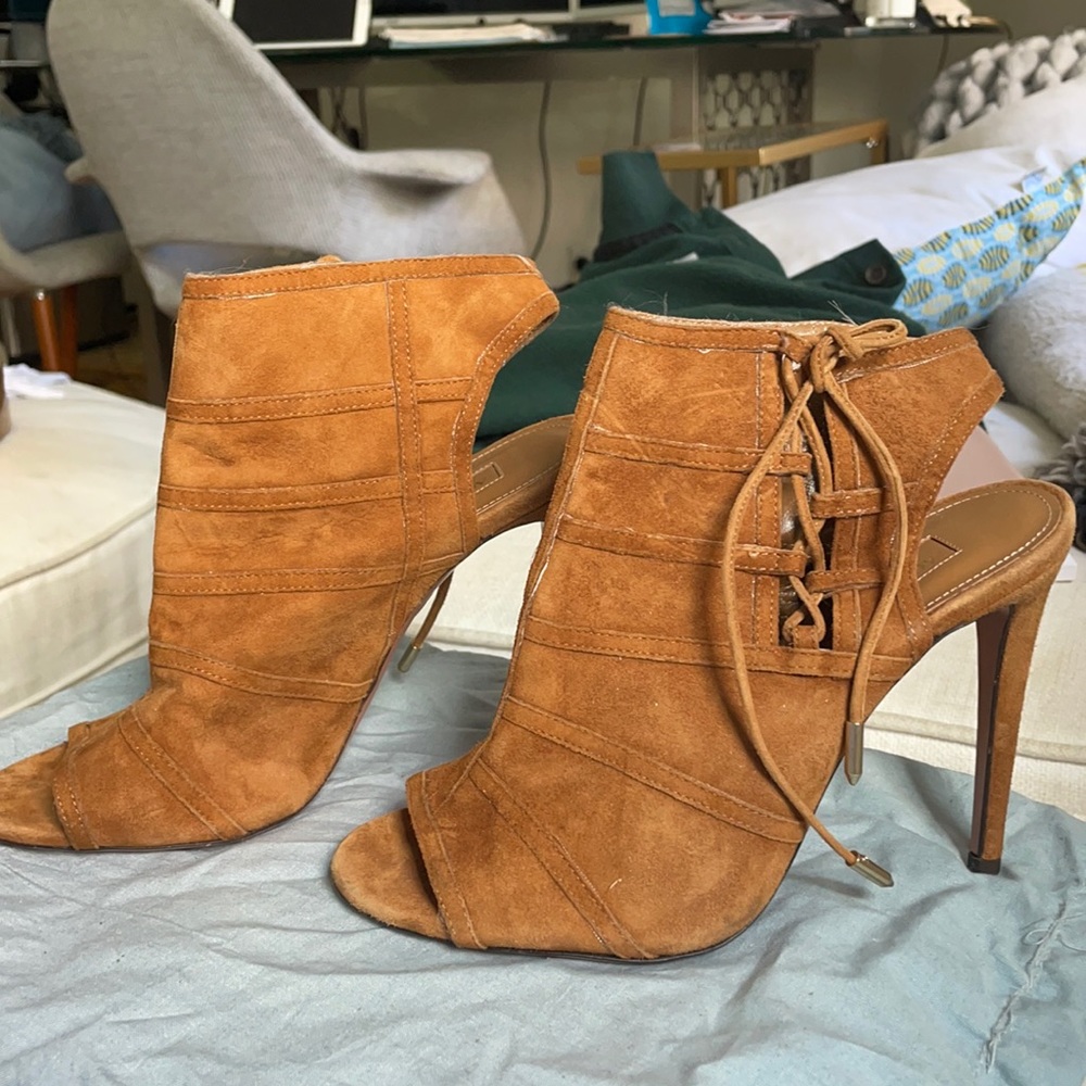 Lightly worn aquazurra suede heals with tie detail
